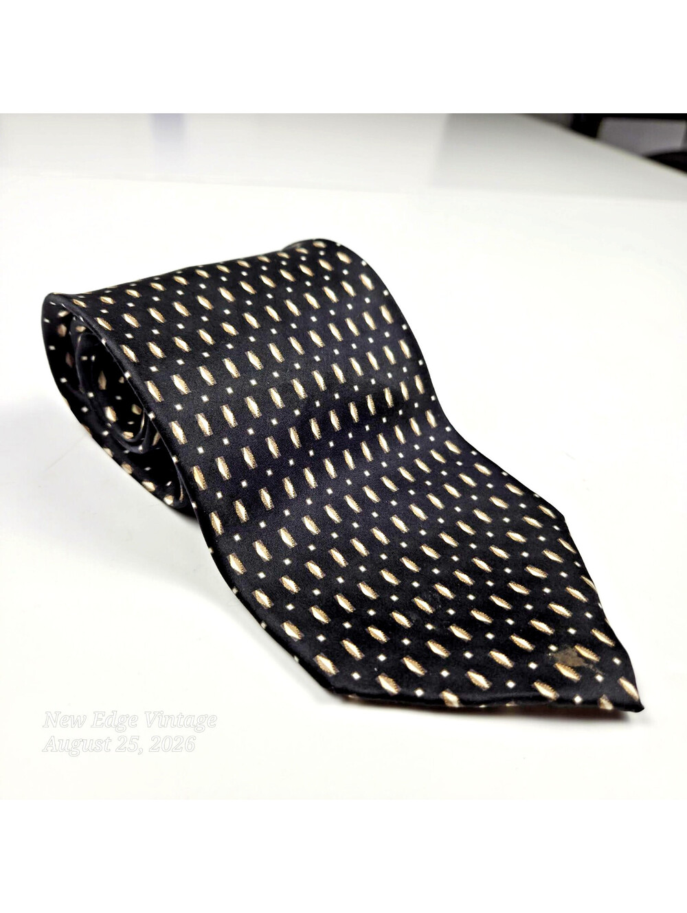 Bergamo New York Handmade Pure Silk Tie Black Gold Geometric Wide Necktie VTG